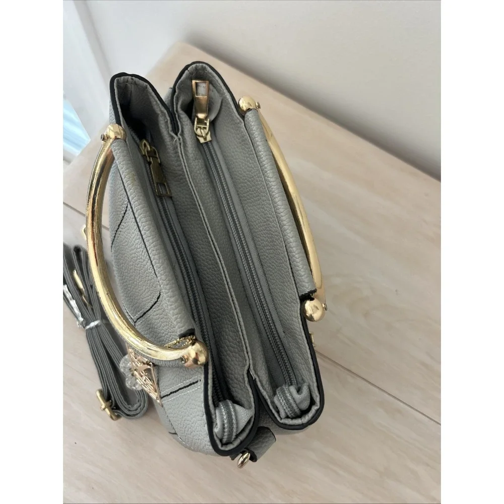 Nicole & Doris Small Light Gray‎ Handbag Attachable Trapp PU Leather Gold Trim